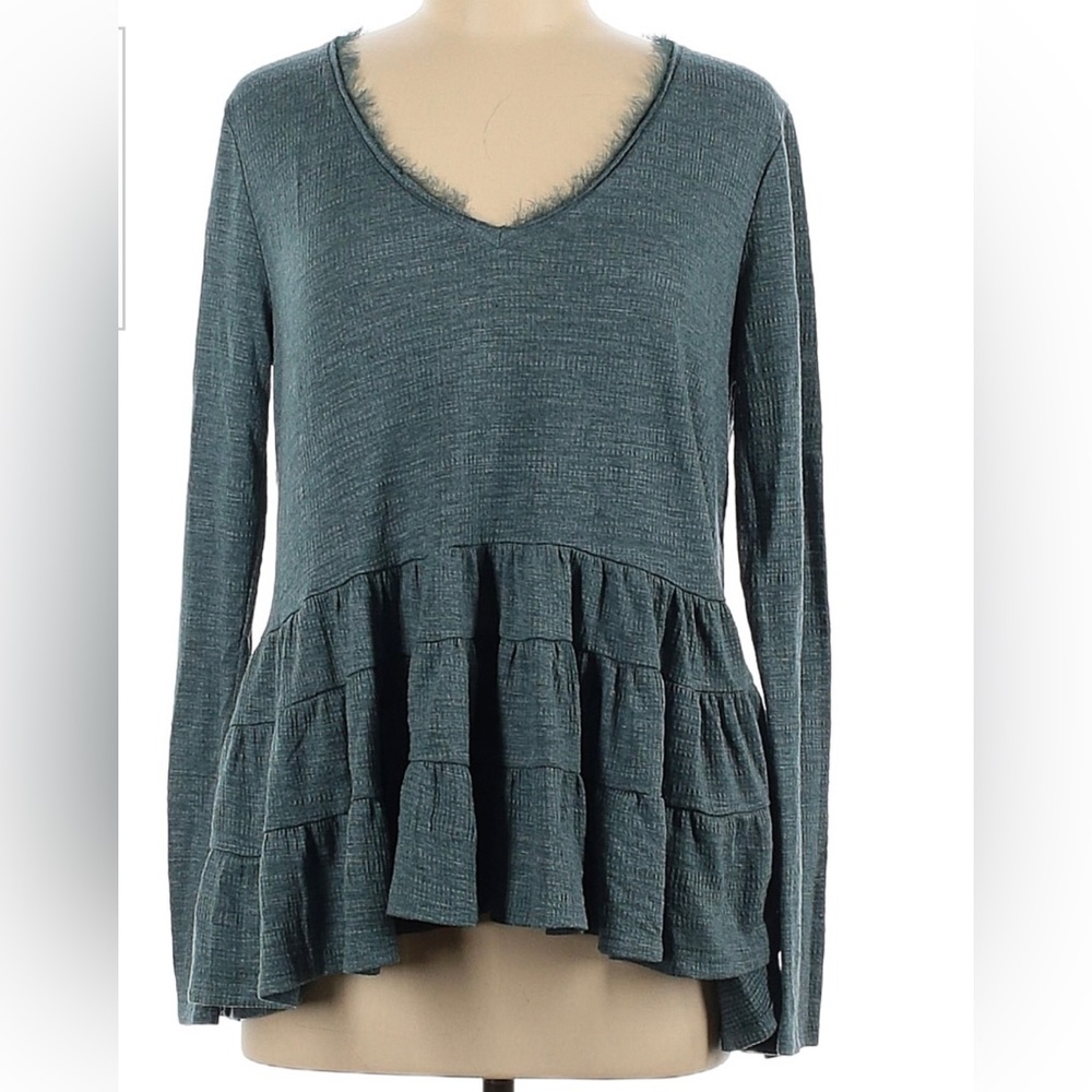 Anthropologie Teal Deletta Long Sleeve Ruffles Peplum Hem V-Neck Shirt Small